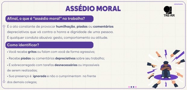 No topo, o título “Assédio Moral”, na cor roxa. Logo abaixo, a legenda: “Afinal, o que é assédio...